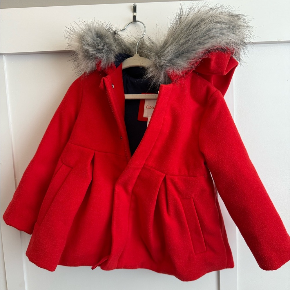 Cat & Jack Red Puffer Jacket with Faux Fur Hood